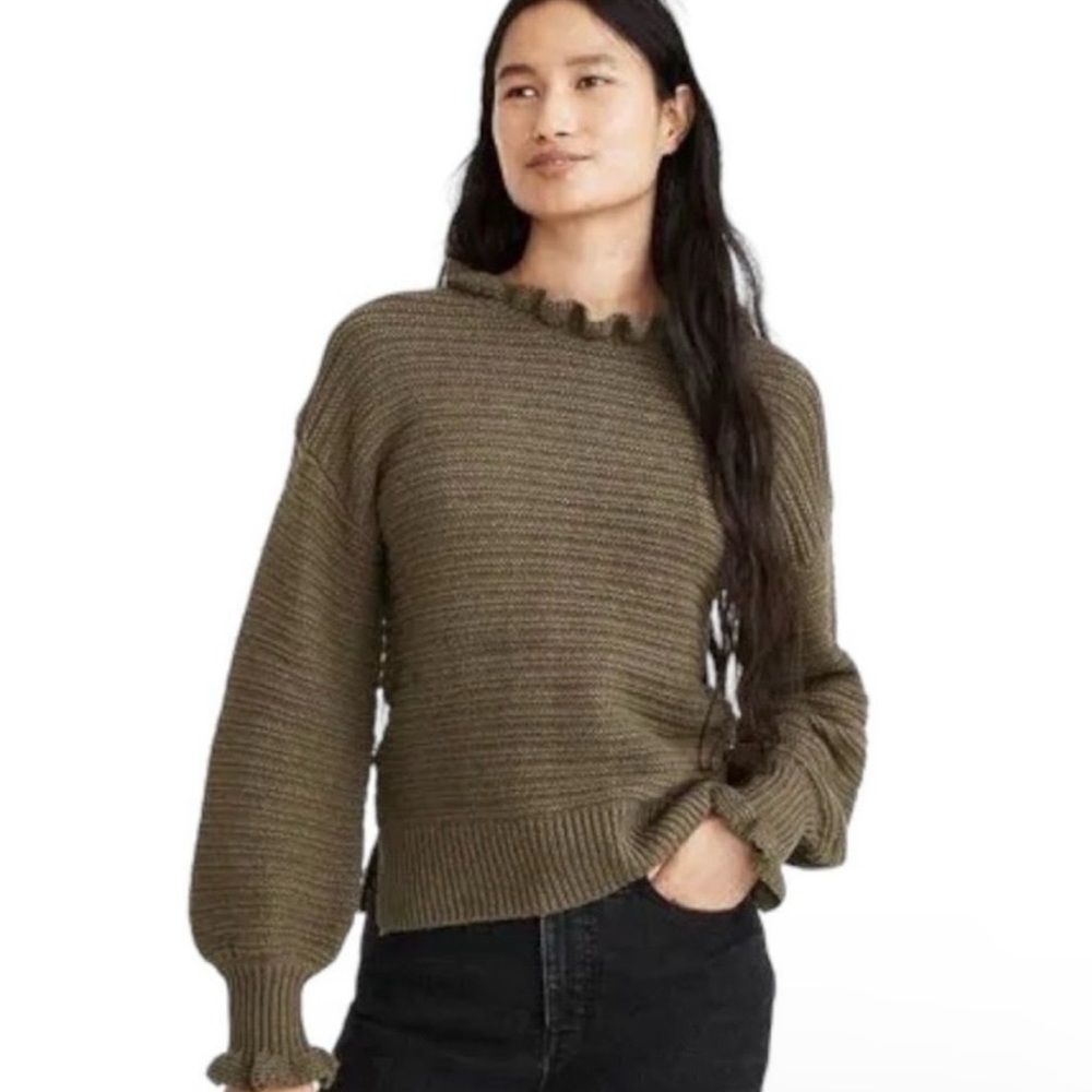 NWT Madewell Ruffle Neck Pullover Sweater Dark Green Small